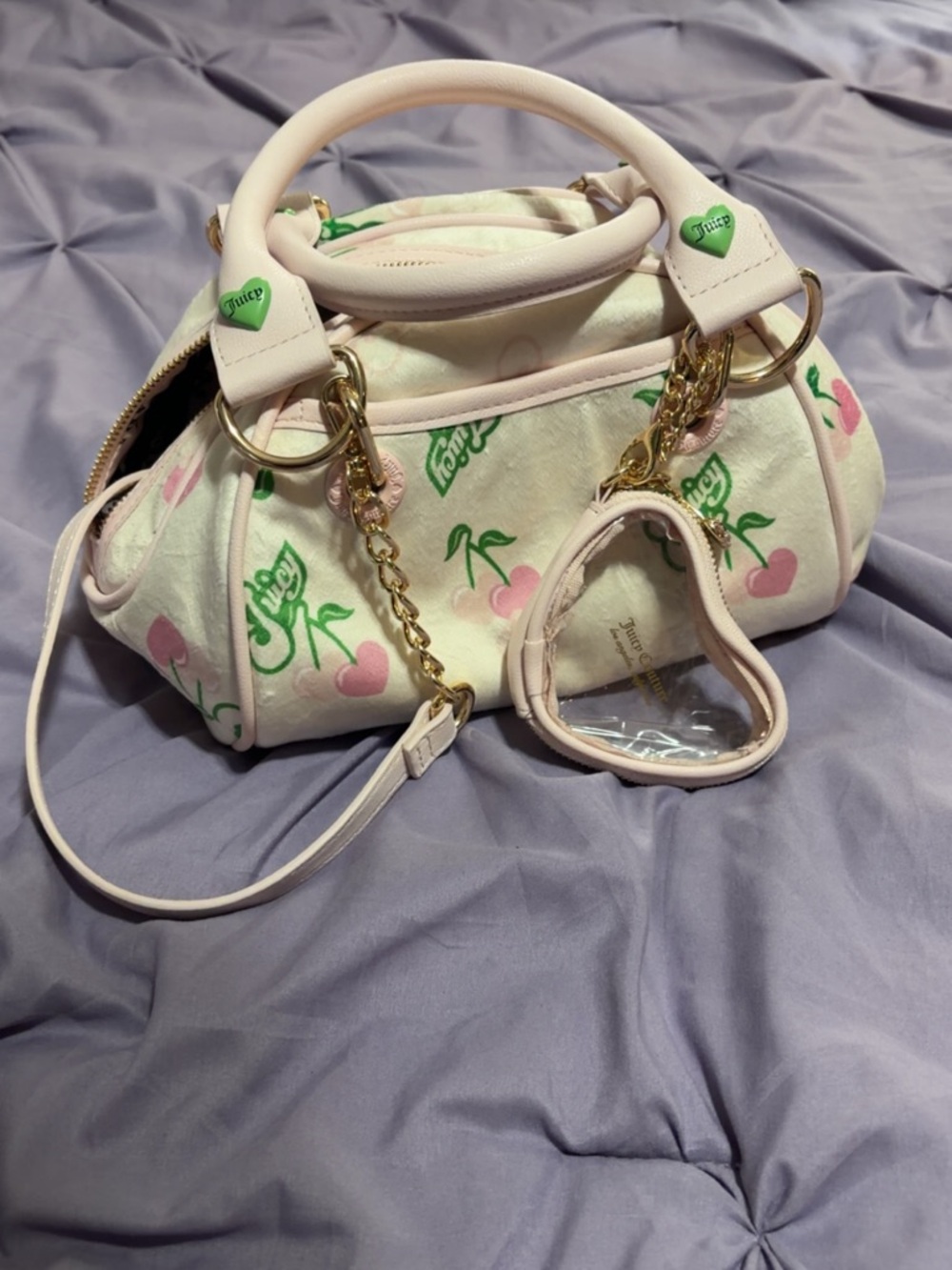 Juicy Couture Cream & Pink Cherry Print Mini Satchel with Green Logo Accents